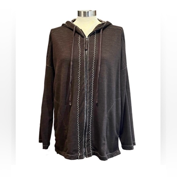 Max Studio French Terry Hooded full zip sweater brown and white women’s Small - Picture 9 of 9